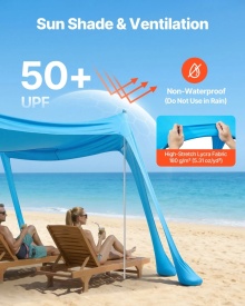Cort plaja, adapost soare plaja, UPF 50+, inaltime 2m, 3 x 3 m, copertina de plaja ușor de ridicat cu saci de nisip, stalpi de stabilitate, lopeți de nisip - Img 3