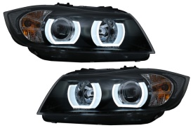 Faruri Xenon U-Led 3D Dual Halo Rims compatibil cu BMW Seria 3 E90 E91 2005-2008 Fundal Negru