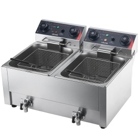 Friteuza electrica comerciala, dubla, capacitate ulei 14 L, friteuza de blat din otel inoxidabil de 5000W cu cosuri si capace, control temperatura, temporizator, protectie la supraincalzire, pentru restaurant si nu numai, culoare argintiu - Img 12