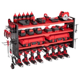 Organizator de scule electrice, suport de perete, suport de depozitare cu 4 straturi cu 8 suporturi pentru burghie, suport de depozitare scule cu placi laterale perforate, organizator de scule pentru garaj sau atelier