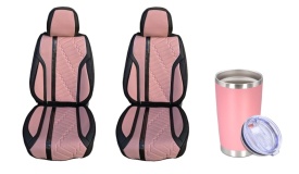 Pachet set huse scaune auto universale, piele ecologica negru cu roz si Pahar termic din otel inoxidabil cu capac, termos 600 ml, cu perete dublu, roz - Img 2