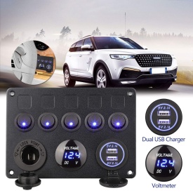 Panou cu 5 butoane auto cu LED, incastrabil, 12V-24V, 2 x USB 4.2A, priza bricheta 12V, si voltmetru - Img 3