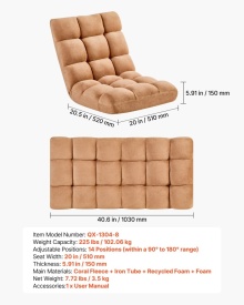 Scaun de podea, scaun de gaming pliabil cu 14 pozitii reglabile si spatar, cadru metalic robust cu spuma reciclata si suprafata din fleece coral, multifunctional pentru citit, relaxare, culoare maro - Img 7