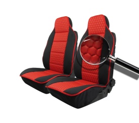 Set 2 Huse auto Scaune Fata 1+1 Universal Lux, Material textil negru cu imitatie de piele rosie - Img 2