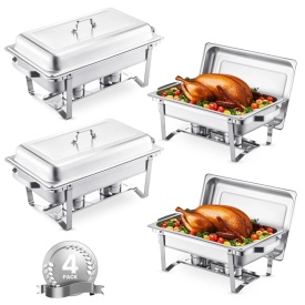 Set de bufet pentru incalzit cu capac, 8 litri, pachet de 4, din otel inoxidabil cu 4 tigai de dimensiuni normale, incalzitor catering cu capac, suport pentru tigaie de apa, suport pentru combustibil, pentru nunti, petreceri, banchete, argintiu