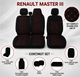 Set huse auto pentru scaune compatibile Renault Master 2010-2019 2+1 locuri, material textil, negru cu cusatura rosie 6 piese - Img 2