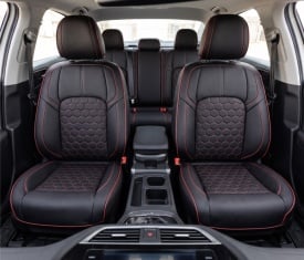 Set huse scaune auto compatibil Hyundai Tucson III 2015-2020, scaune standard, fata-spate, piele ecologica negru cu cusatura rosie