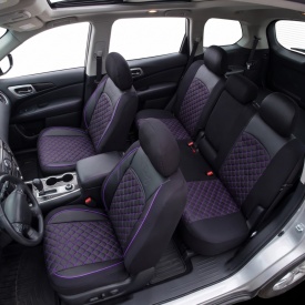 Set huse scaune auto compatibil Hyundai Tucson III 2015-2020, scaune standard, fata-spate, piele cu textil, negru cu mov - Img 4