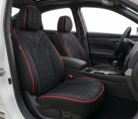Set huse scaune auto compatibil Seat Leon III 2012-2020, fata-spate, material textil negru cu cusatura rosie - Img 7