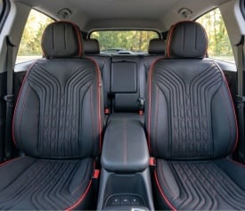 Set huse scaune auto compatibil Toyota Rav 4 2013-2018, fata-spate, material textil negru cu cusatura rosie
