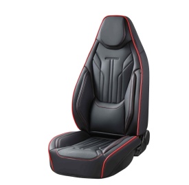 Set huse scaune auto compatibil VW Golf V 2003-2009, fata-spate, piele ecologica cu tetiera integrata, negru cu cuatura rosie - Img 2