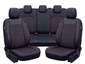 Set huse scaune auto compatibile DACIA DUSTER II 2018-2023, piele ecologica cu textil, negru cusatura rosie, Lichidare stoc!