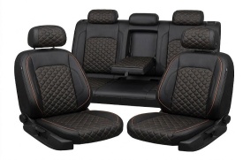 Set huse scaune auto, dedicate VW Passat B8 2015->, piele ecologica neagra si cusaturi maro in romb, Lichidare stoc!