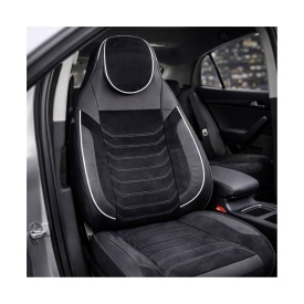 Set huse scaune auto premium universale, fata-spate, piele ecologica si alcantara, model C509, culoare negru cu cusatura alba - Img 5