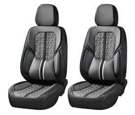 Set huse scaune auto premium universale, fata-spate, piele ecologica, culoare negru cu gri si dunga alba - Img 2
