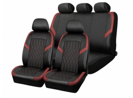 Set huse scaune auto universale de lux, fata-spate, piele ecologica, model romb, culoare negru rosu cu cusatura rosie - Img 2