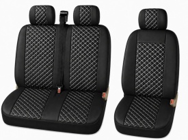 Set huse scaune auto, universale, fata 2+1, material piele ecologica, culoare negru cu cusaturi albe, model romb
