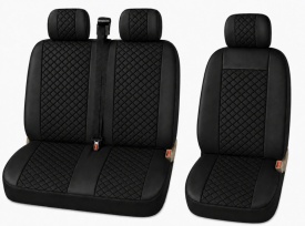 Set huse scaune auto, universale, fata 2+1, material piele ecologica, culoare negru cu cusaturi negre, model romb - Img 2