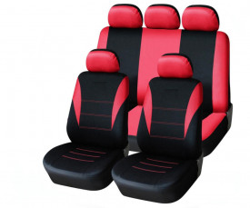 Set huse scaune auto, universale, fata-spate, Negru cu rosu, material textil, compatibil airbag