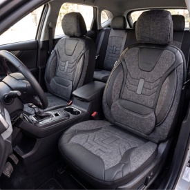 Set huse scaune auto universale seria KETEN, material textil negru si piele ecologica neagra, fata-spate, compatibil airbag - Img 3