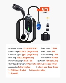 Statie incarcare mobila, Wallbox mobil, 7,4 kW 32A, incarcator portabil EV tip 2, incarcator auto monofazat pentru vehicule electrice cu cablu de incarcare de 6 m, priza CEE, ecran LCD, statie de incarcare EV reglabila, cutie de control IP66 - Img 6