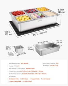 Tava recipient de prezentare pentru servire alimente, din otel inoxidabil, dozator de condimente pentru bufet, raft racit cu gheata cu capac separat, pentru restaurant, hotel, petrecere, tava 6 compartimente - Img 6