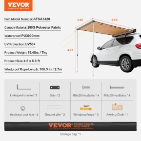 Copertina laterala auto mare de 1,2 x 2 m, retractabila, impermeabila, UV50+ cu geanta de depozitare, inaltime reglabila, potrivita pentru camion, SUV, autoutilitare, rulote - Img 6