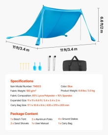 Cort plaja, adapost soare plaja, UPF 50+, inaltime 2m, 3.4 m x 3.4 m, copertina de plaja ușor de ridicat cu saci de nisip, stalpi de stabilitate, lopeți de nisip - Img 7
