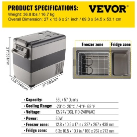 Frigider portabil 55L, frigider auto, 12V 24V 220 V, congelator, pentru camping, camion, barca - Img 10
