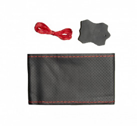 Husa volan din piele naturala cu ac si ata de culoare neagra si cusatura rosie diametru 45 cm, compatibil DAF
