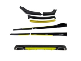 Pachet exterior aero universal, prelungire bara fata, praguri laterale si difuzor bara spate negru cu galben