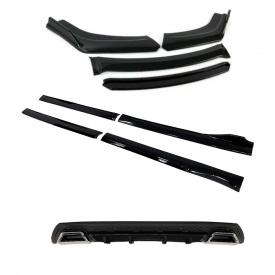 Pachet exterior aero universal, prelungire bara fata si praguri laterale negru cu buza neagra si difuzor cu tipsuri trapez