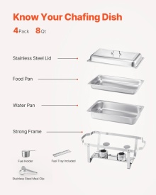 Set de bufet pentru incalzit cu capac, 8 litri, pachet de 4, din otel inoxidabil cu 4 tigai de dimensiuni normale, incalzitor catering cu capac, suport pentru tigaie de apa, suport pentru combustibil, pentru nunti, petreceri, banchete, argintiu - Img 5