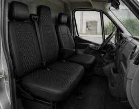 Set huse auto pentru scaune compatibile Renault Master 2010-2019 2+1 locuri, material piele ecologica, culoare negru cu cusatura neagra, 6 piese