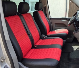 Set huse auto pentru scaune compatibile VW Transporter T5 2004-2014 2+1 locuri, material piele ecologica negru cu rosu