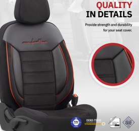 Set huse auto scaune universale Otom Luxury, Comfort Line material textil cu piele ecologica, culoare negru cu cusaturi rosii - Img 8