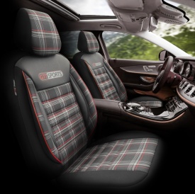 Set huse auto scaune universale Otom Luxury, GTI SPORTS Design, material textil cu piele ecologica, culoare negru cu cusaturi rosii - Img 5