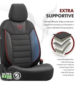 Set huse auto scaune universale Otom Luxury, Toro Sport Design, material textil cu piele ecologica, culoare negru cu cusaturi rosii - Img 7