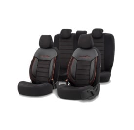Set huse scaune auto compatibil Dacia Sandero III 2021->, fata-spate,Otom Luxury, Comfort Line material textil cu piele ecologica, culoare negru cu cusaturi rosii
