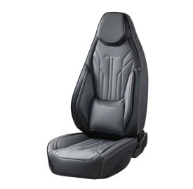 Set huse scaune auto compatibil FORD FOCUS III 2012-2018, fata-spate, piele ecologica cu tetiera integrata, negru cu gri - Img 2