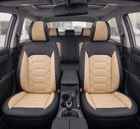 Set huse scaune auto compatibil Hyundai Kona 2017->, scaune standard, fata-spate, Piele ecologica, Negru cu crem