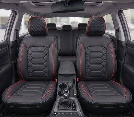 Set huse scaune auto compatibil Renault Fluence 2009-2016, fata-spate, Piele ecologica, negru cu cusatura rosie