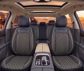 Set huse scaune auto compatibil VW Golf VII 2012-2019, fata-spate, piele cu textil, negru cu galben