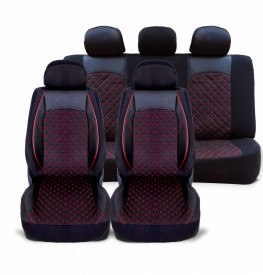 Set huse scaune auto compatibile DACIA DUSTER II 2018-2023, piele ecologica cu textil, negru cusatura rosie, Lichidare stoc!