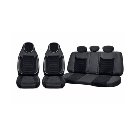Set huse scaune auto premium universale, fata-spate, piele ecologica si alcantara, model C509, culoare negru cu cusatura alba - Img 2