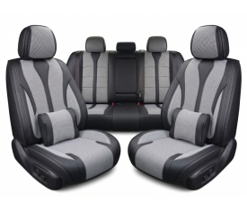 Set huse scaune auto premium universale, fata-spate, piele ecologica si material textil, cu perne, culoare negru cu gri inchis