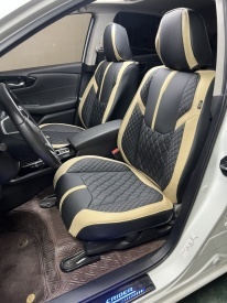 Set huse scaune auto universale de lux din piele ecologica, Negru cu bej, pentru scaunele fata si spate - Img 5