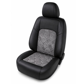 Set huse scaune auto universale de lux, fata-spate, piele ecologica si alcantara, model hexagon, culoare negru cu gri - Img 2
