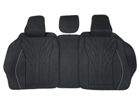 Set huse scaune auto universale, material textil negru cu dunga alba, cu tetiera integrata, fata-spate - Img 6