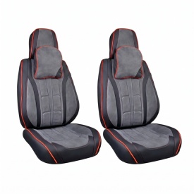Set huse scaune auto universale, piele ecologica culoare neagra material textil gri si cusatura rosie, fata-spate - Img 8